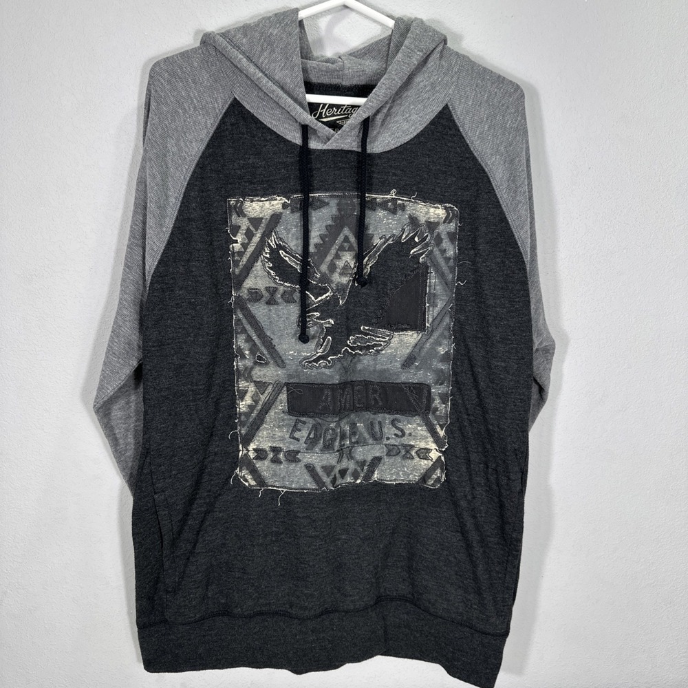 American Eagle Hoodie Men's Size Large Hooded Thermal Heritage Shirt Top Black